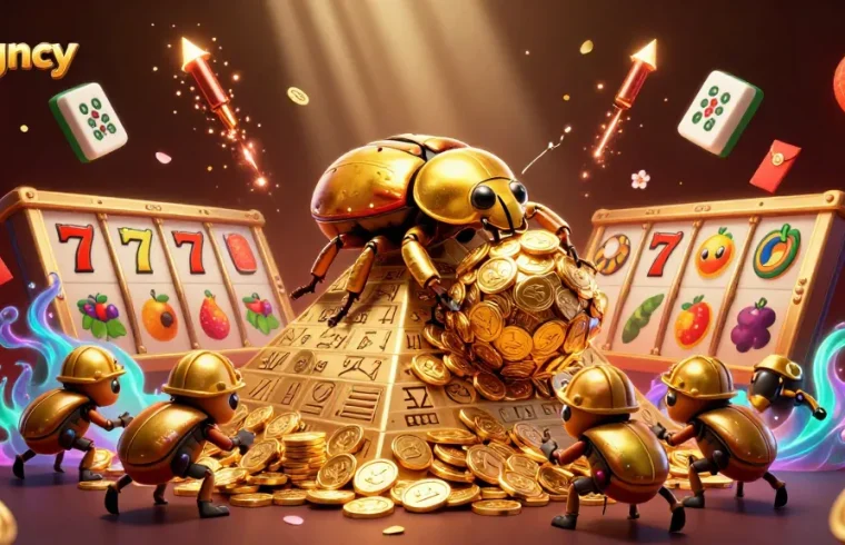 Experience the thrill of slots with chagency in this vibrant 3D casino illustration showcasing golden beetles and slot reels.