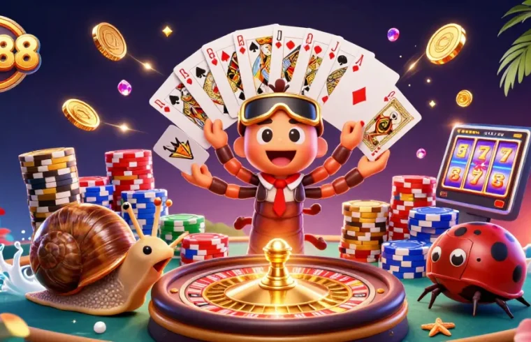 Experience LV88 with a vibrant casino scene featuring a millipede dealer and exciting game elements.
