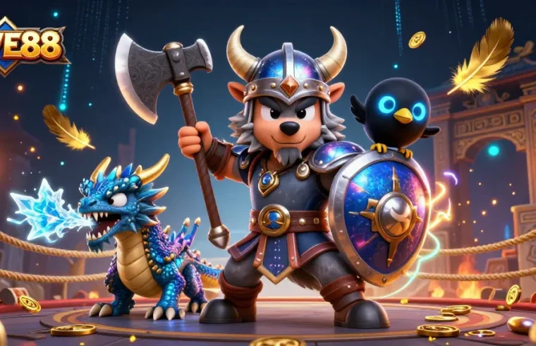 Experience excitement with FIVE88 as a Viking wolf warrior faces adventure in a vibrant casino scene.