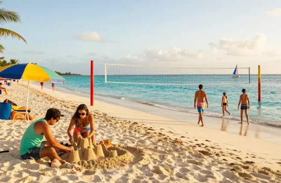 Tourists enjoying the rokok88 beach experience in the Bahamas during sunset.