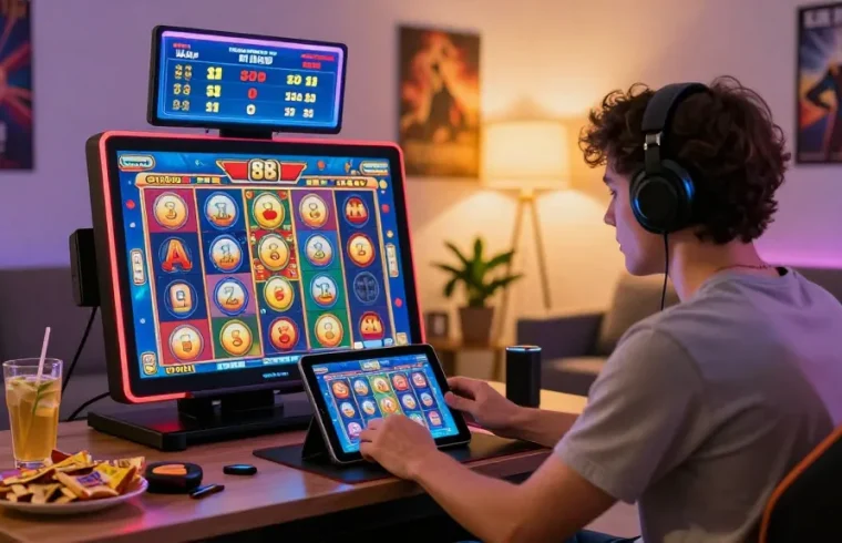 Exciting gameplay on slot88 apk with a player celebrating a win in a cozy living room setting.