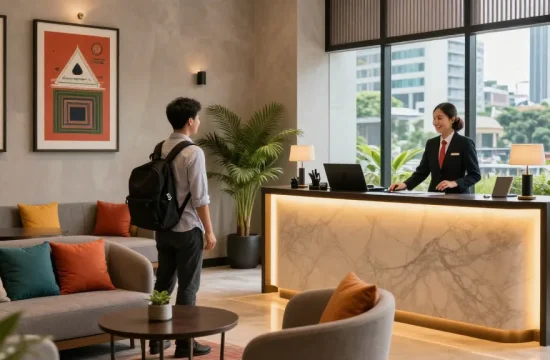 ROKOK88 hotel lobby welcoming guests with modern decor and friendly staff.