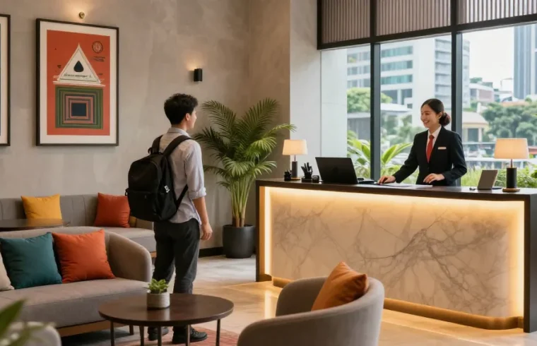 ROKOK88 hotel lobby welcoming guests with modern decor and friendly staff.