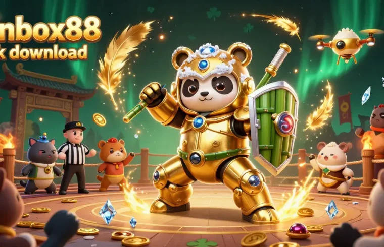 Engage with thrilling gameplay in the Winbox88 apk download arena featuring a golden panda mech.
